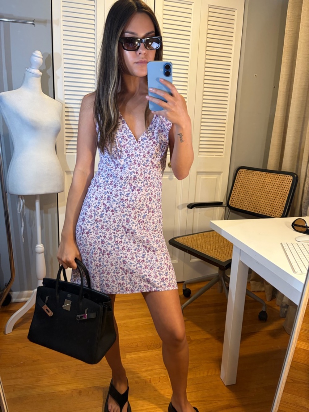 Reformation Lavender Floral V-Neck Mini Dress
